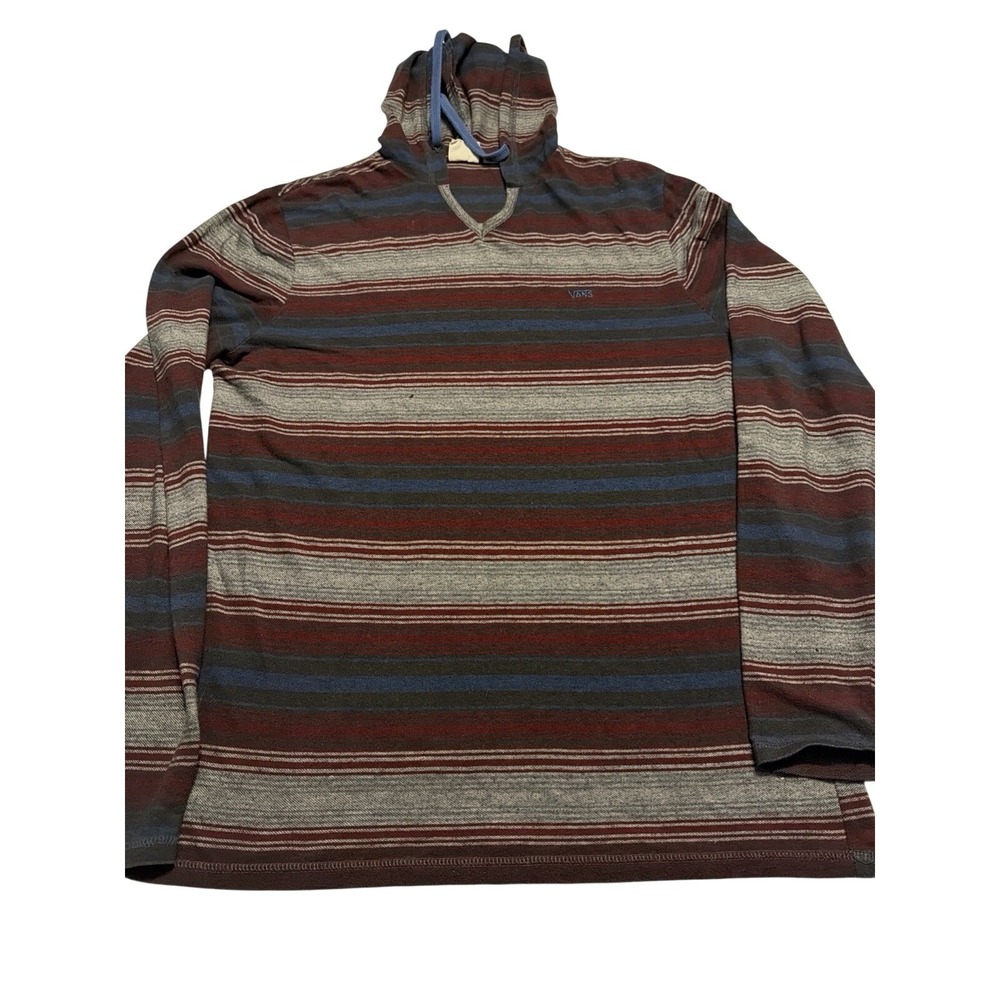 Vans Heritage Mens Striped Long Sleeve Hooded Shirt Burgundy Blue Grey L